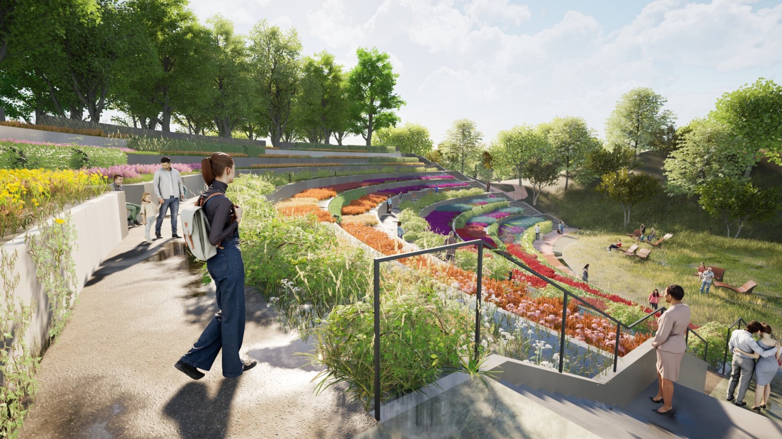 Wizualizacja planowanego ogrodu miododajnego na terenie starego amfiteatru w Parku Cytadela.