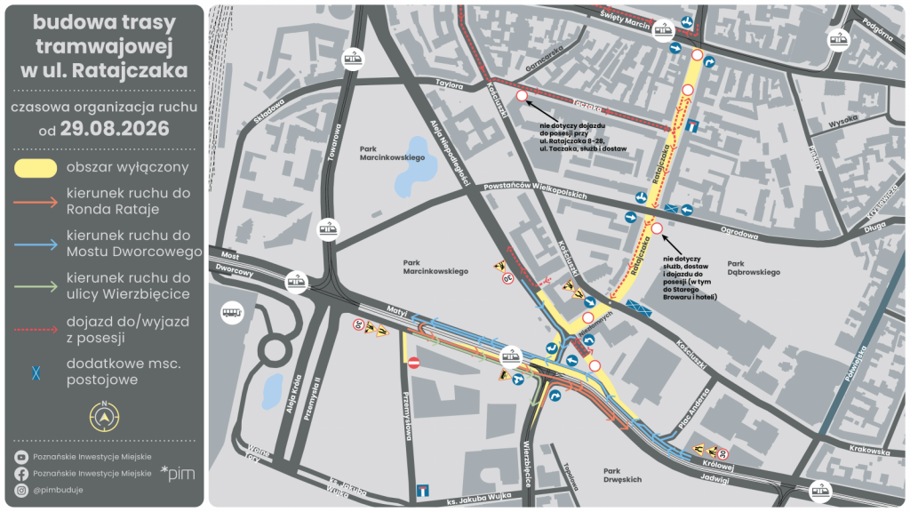 Mapa czasowej organizacji ruchu w obszarze ulic Matyi, Królowej Jadwigi, Wierzbięcice i Ratajczaka.